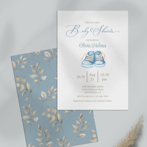 Elegant Watercolor Blue Baby Shoe Baby Shower Invitation