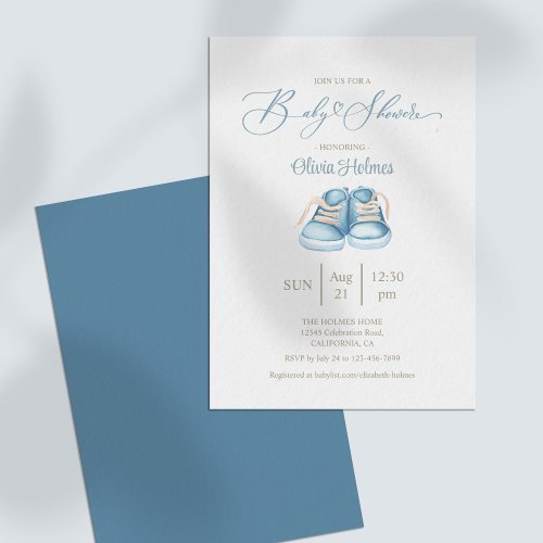 Elegant Watercolor Blue Baby Shoe Baby Shower Invitation