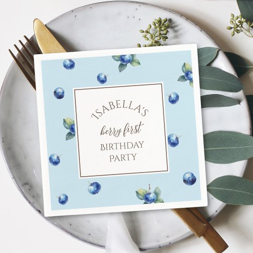 Elegant Watercolor Blue Berry First Birthday Party Napkins