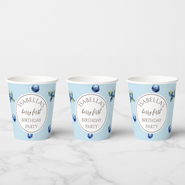 Elegant Watercolor Blue Berry First Birthday Party Paper Cups (Multi)
