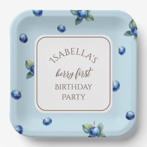 Elegant Watercolor Blue Berry First Birthday Party Paper Plates