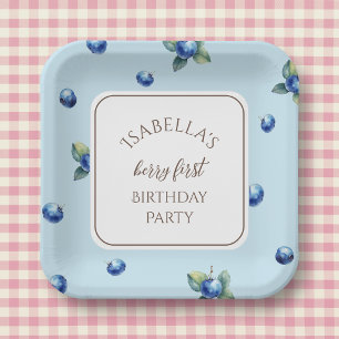 Elegant Watercolor Blue Berry First Birthday Party Paper Plates