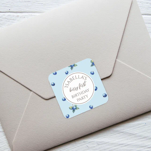 Elegant Watercolor Blue Berry First Birthday Party Square Sticker | Zazzle