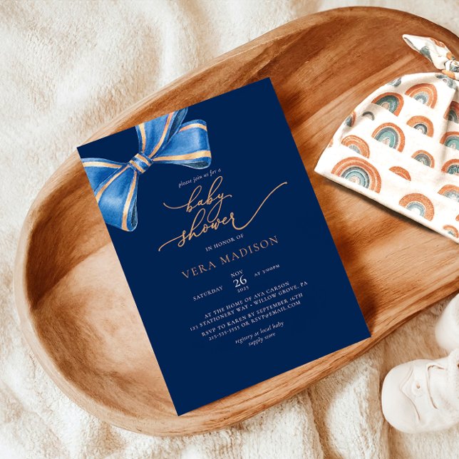 Elegant Watercolor Blue Bow Baby Shower Invitation (Creator Uploaded)