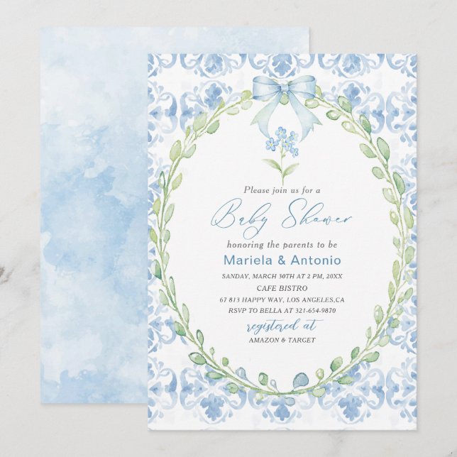 Elegant  Watercolor Blue Bow Boy Baby Shower Invitation (Front/Back)