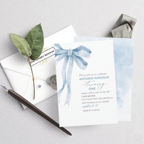 Elegant  Watercolor Blue Bow Boy Baby Shower Invitation