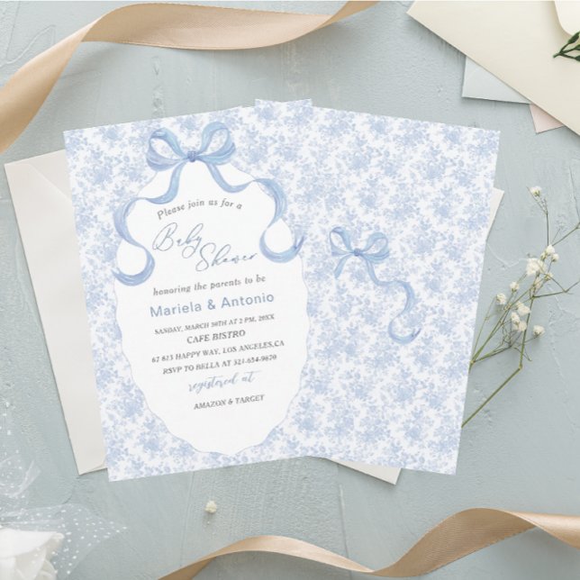 Elegant  Watercolor Blue Bow Boy Baby Shower Invitation (Creator Uploaded)