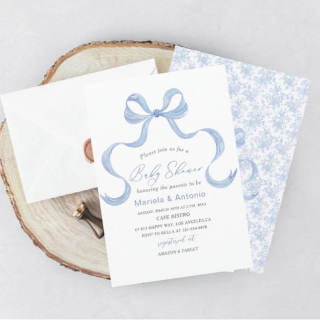 Elegant  Watercolor Blue Bow Boy Baby Shower Invitation (Creator Uploaded)