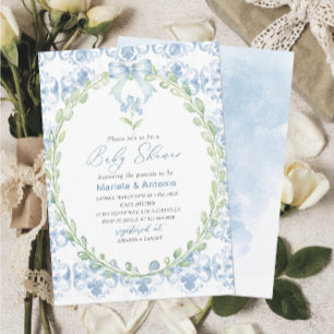Elegant  Watercolor Blue Bow Boy Baby Shower Invitation
