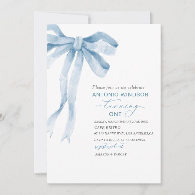 Elegant  Watercolor Blue Bow Boy Baby Shower Invitation (Front)