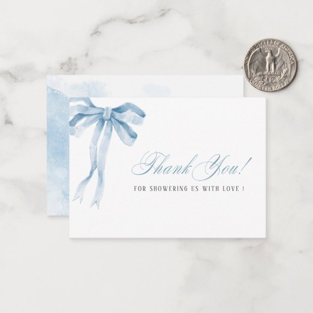 Elegant Watercolor Blue Bow ribbon  Baby shower Note Card (Front/Back In Situ)
