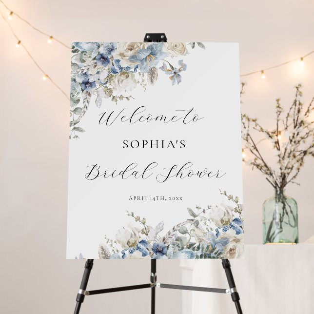 Elegant Watercolor Blue Bridal Shower Welcome Sign (In Situ (Stand))