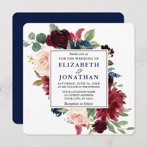 Elegant Watercolor Blue Burgundy Floral Wedding Sq Invitation
