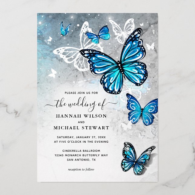 Elegant Watercolor Blue Butterfly Wedding Real Foil Invitation (Front)