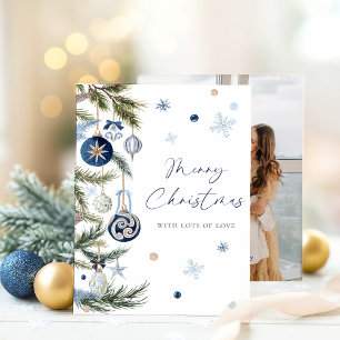 Elegant Watercolor Blue Christmas Ornament Photo Holiday Card