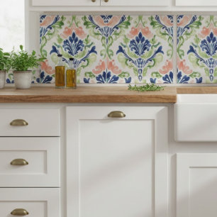 Elegant Watercolor Blue Coral Green Damask Pattern Ceramic Tile