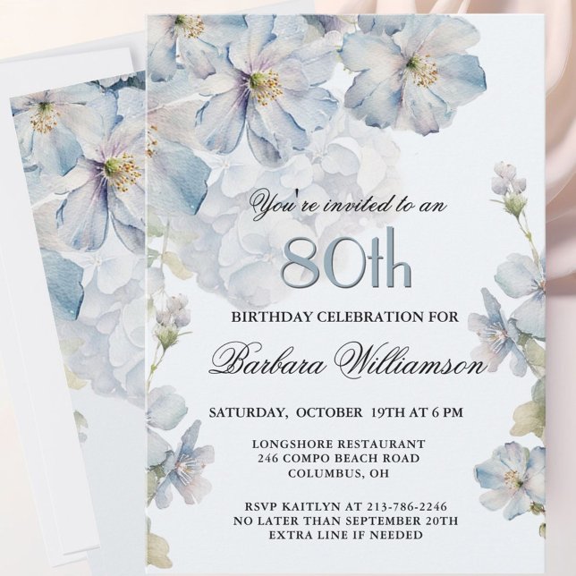 Elegant Watercolor Blue Floral 80th Birthday  Invitation (Creator Uploaded)