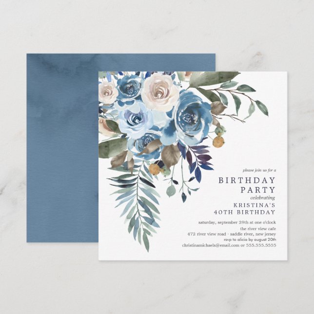 Elegant Watercolor Blue Floral Birthday Party Invi Invitation (Front/Back)