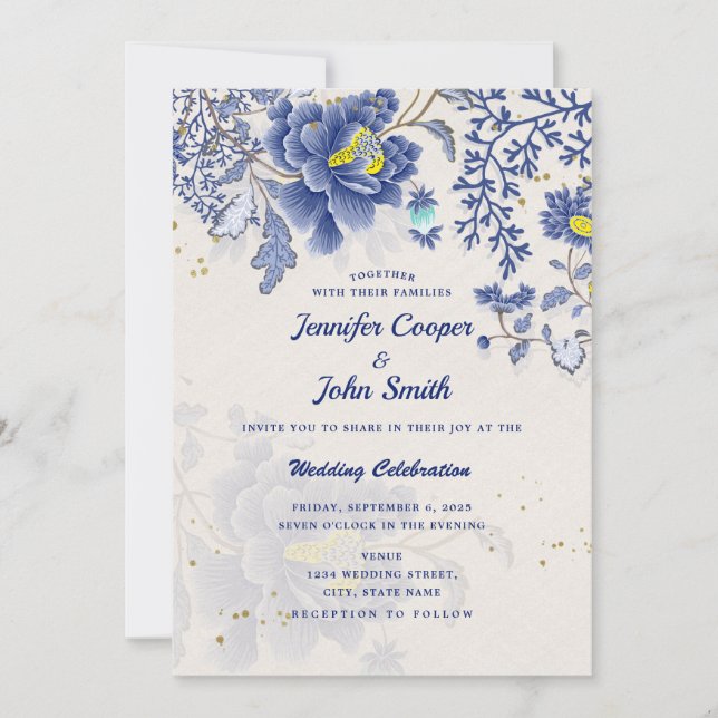 Elegant Watercolor Blue Floral Botanical Wedding I Invitation (Front)