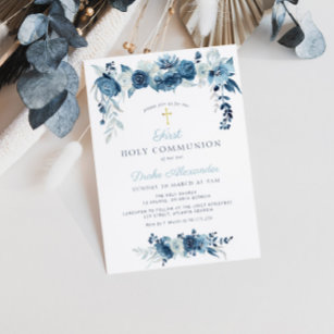 Elegant watercolor blue floral first communion invitation