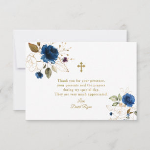 Elegant Watercolor Blue Floral Gold Baptism Thank You Card