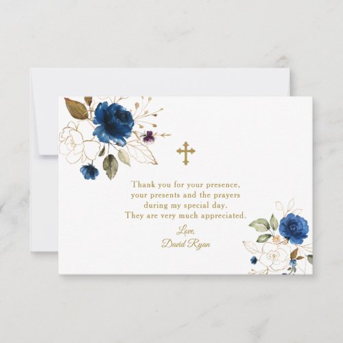 Elegant Watercolor Blue Floral Gold Baptism Thank You Card