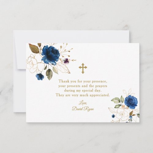 Elegant Watercolor Blue Floral Gold Confirmation Thank You Card