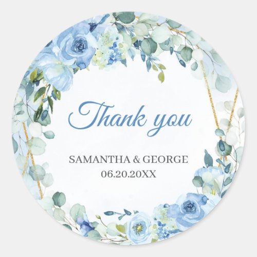 Elegant watercolor blue floral greenery and gold classic round sticker