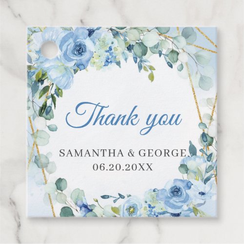 Elegant watercolor blue floral greenery and gold favor tags