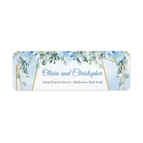 Elegant watercolor blue floral greenery and gold label
