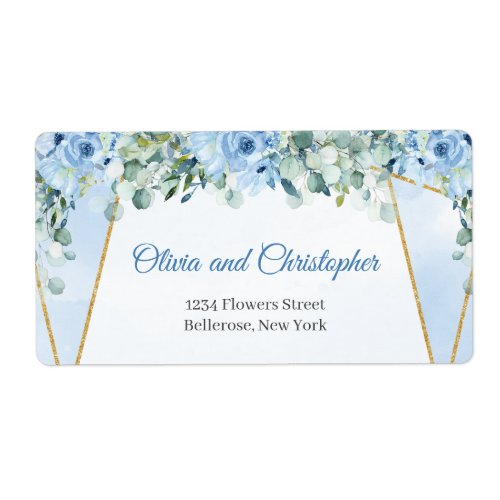 Elegant watercolor blue floral greenery and gold label