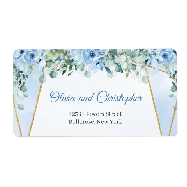 Elegant watercolor blue floral greenery and gold label (Front)
