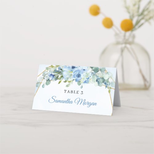 Elegant watercolor blue floral greenery and gold place card