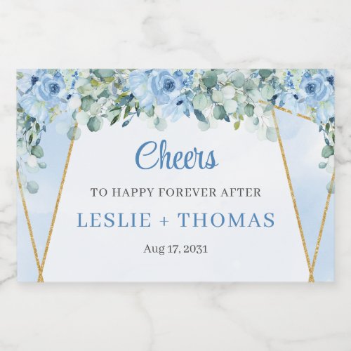 Elegant watercolor blue floral greenery and gold sparkling wine label