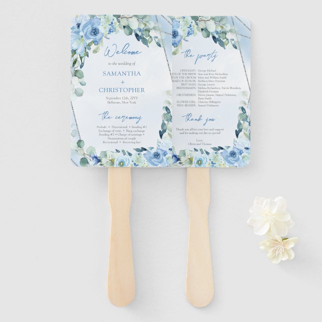 Elegant watercolor blue floral greenery program hand fan (Front and Back)