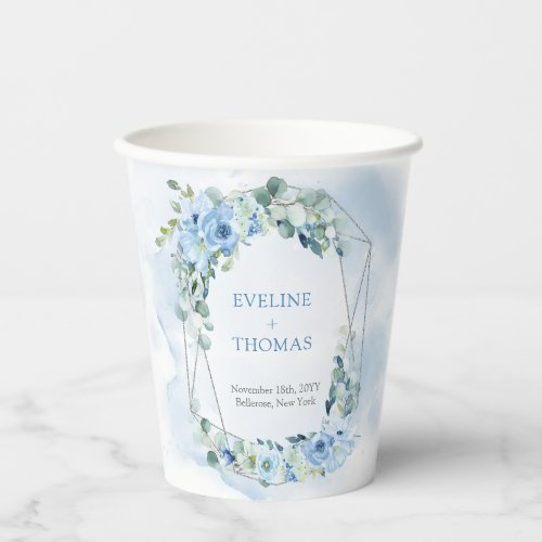 Elegant watercolor blue floral greenery wedding paper cups