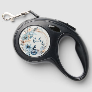 Elegant Watercolor Blue Floral Name and Address Retractable Pet Leash