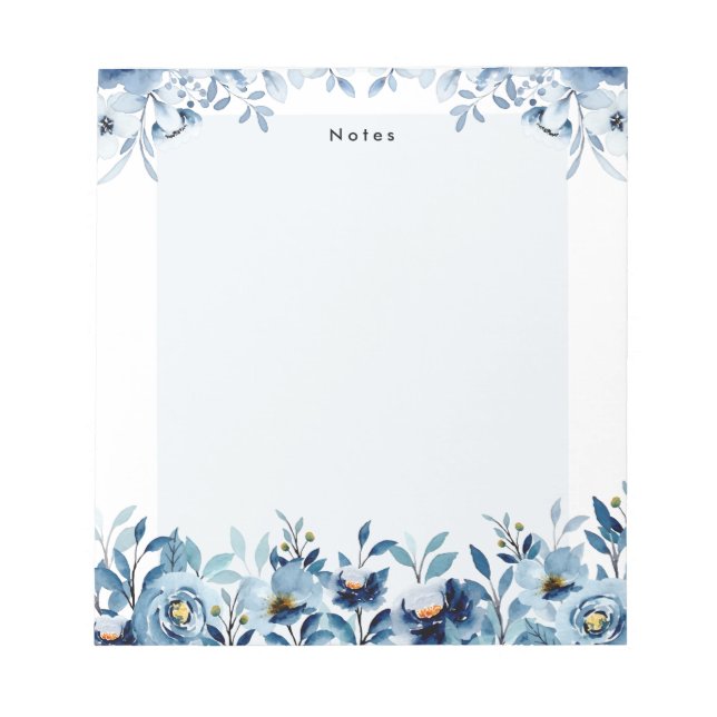 Elegant Watercolor Blue Floral Personalized  Notepad (Front)