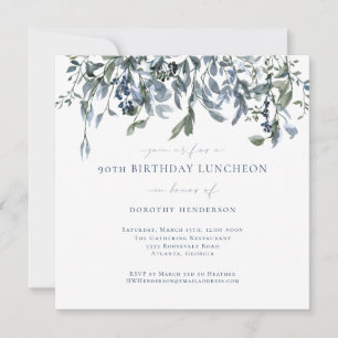 Elegant Watercolor Blue Floral Vines 90th Birthday Invitation