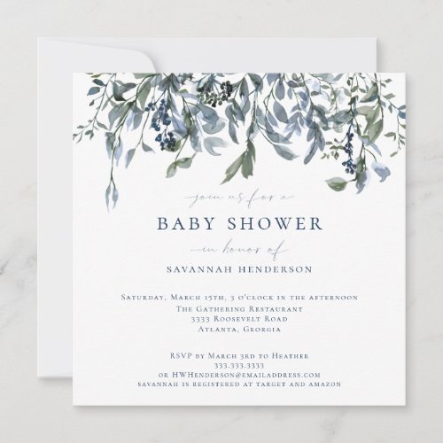 Elegant Watercolor Blue Floral Vines Baby Shower Invitation