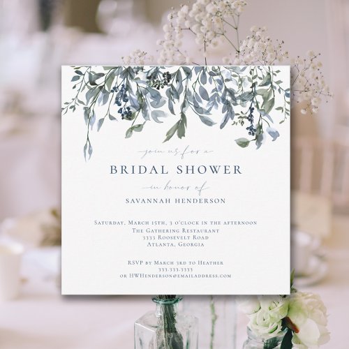 Elegant Watercolor Blue Floral Vines Bridal Shower Invitation