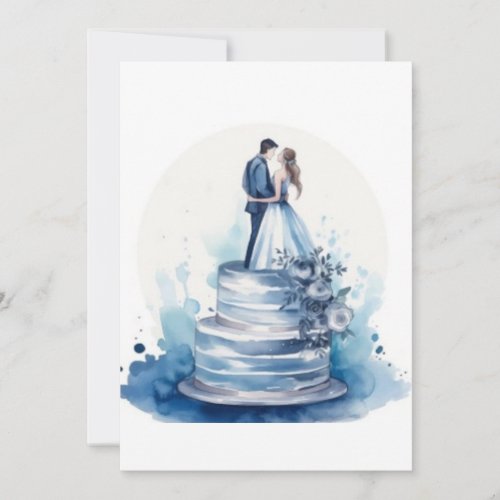 Elegant Watercolor Blue Floral Wedding Cake Invitation
