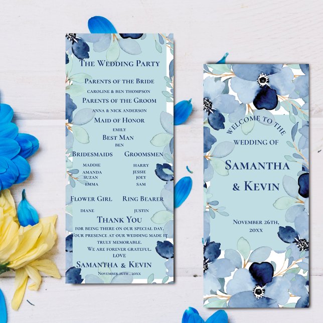 Elegant Watercolor Blue Floral wedding Program (Elegant Watercolor Blue Floral wedding Program)