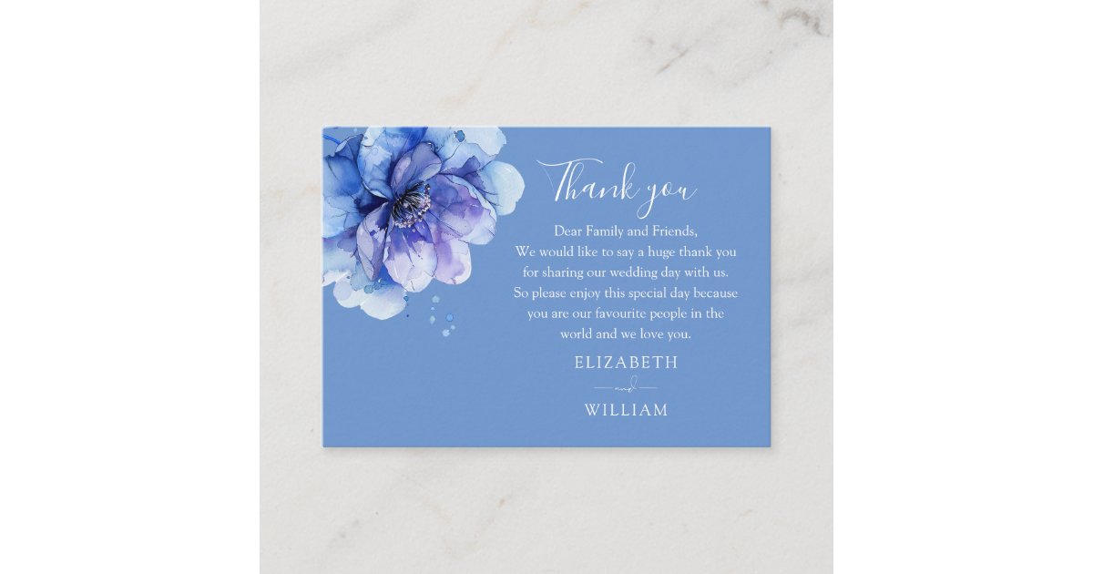 Elegant Watercolor Blue Floral Wedding Thank You Place Card | Zazzle