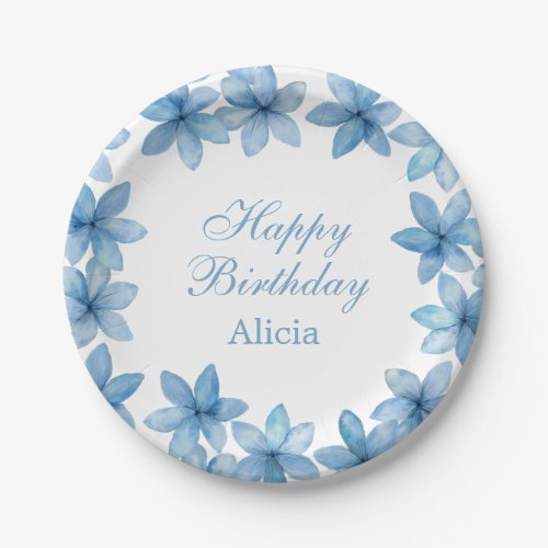 Elegant Watercolor Blue Flower Any Age Birthday Paper Plates