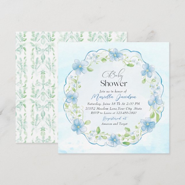 Elegant Watercolor Blue Flowers Baby Shower Invitation (Front/Back)