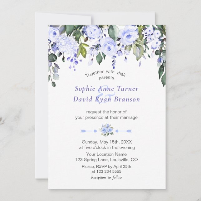 Elegant Watercolor Blue Flowers Bloom Wedding Invitation (Front)