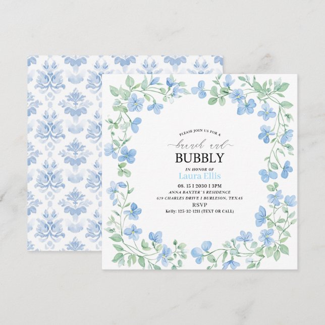 Elegant watercolor blue flowers  brunch  and bubbl invitation (Front/Back)