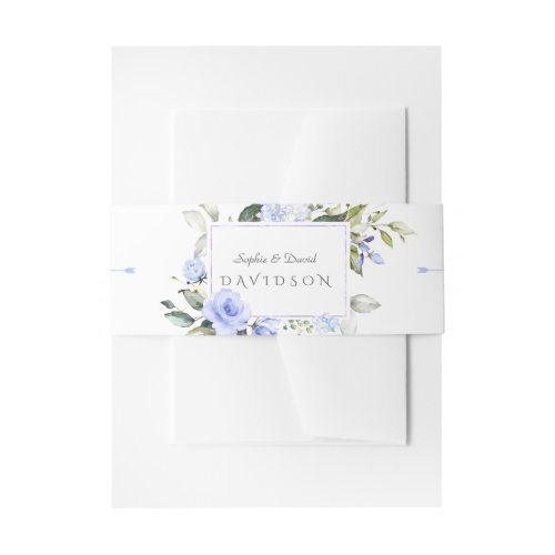 Elegant Watercolor Blue Flowers Frame Wedding Invitation Belly Band