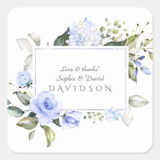 Elegant Watercolor Blue Flowers Frame Wedding Square Sticker (Front)